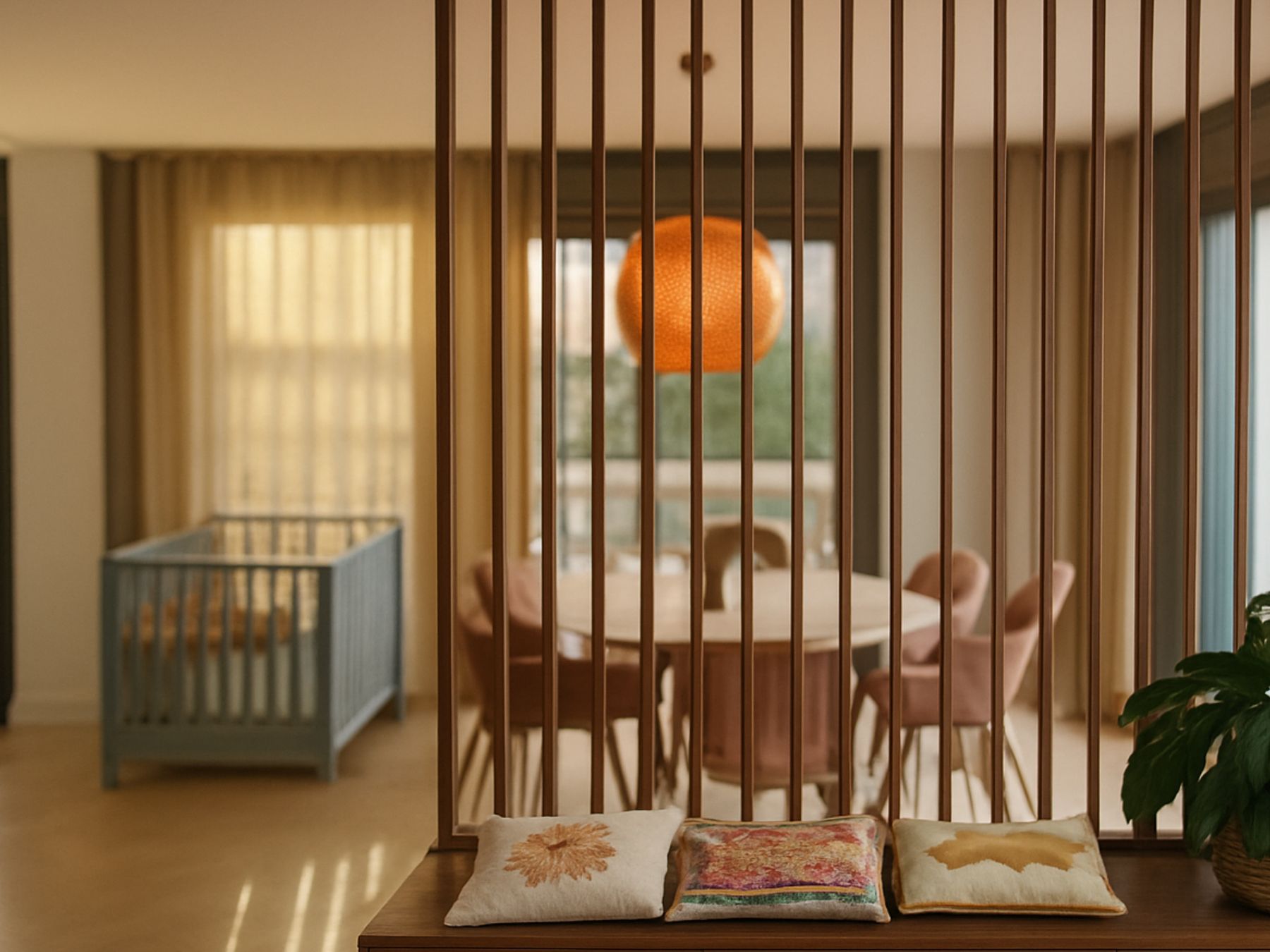 Particulier totaalinterieur met houten lattenwand en maatwerk zitmeubel