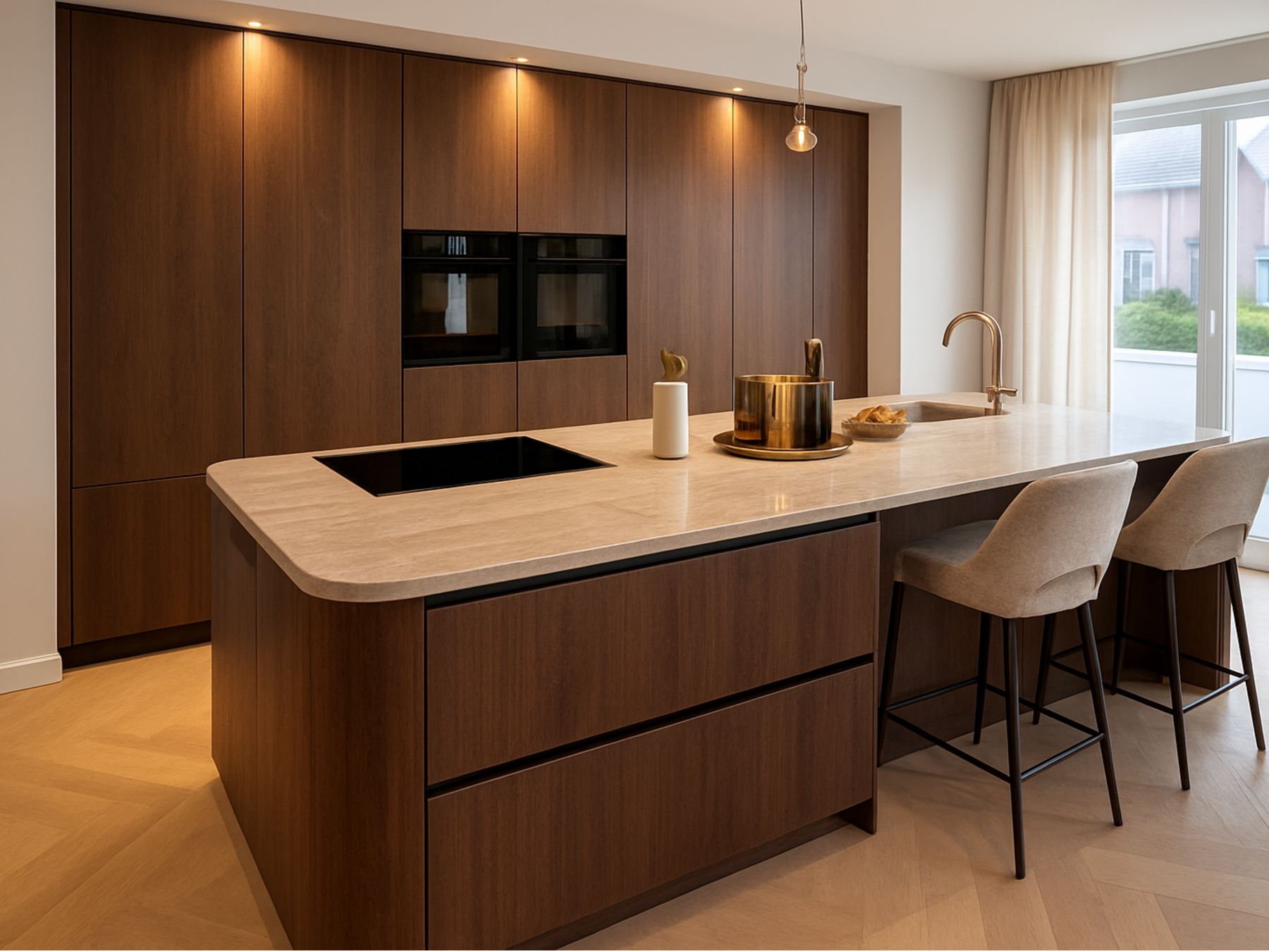 Maatwerk keuken met notenhout, afgerond kookeiland en natuurstenen blad