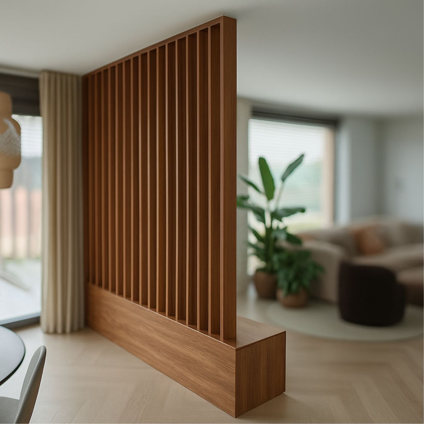 Houten lattenwand als roomdivider in een woonruimte